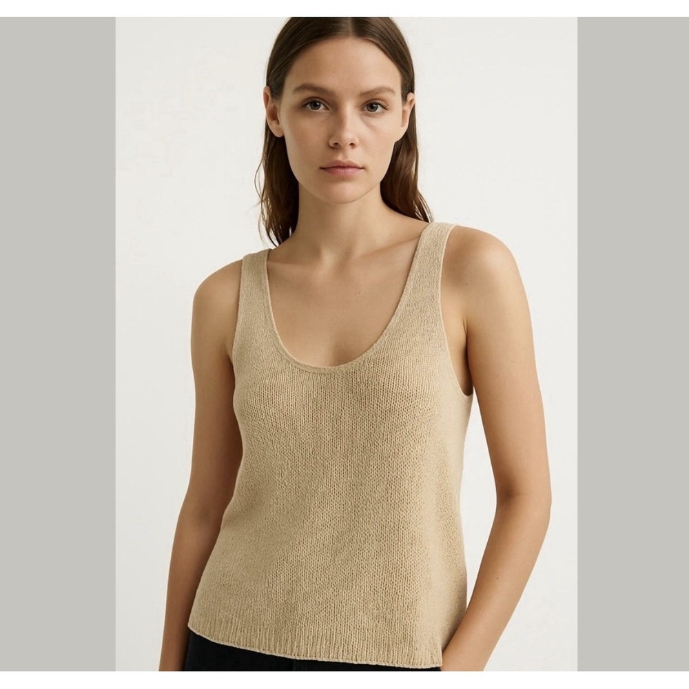 ZARA Tan Knit Linen Cotton Blend Tank Top Sz Small Scoop Neck Swing NWT Natural